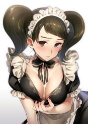 1girls apron becky_(persona) black_hair blush breasts brown_eyes choker cleavage cleavage_pull clothes_lift clothes_pull female frills gradient gradient_background high_resolution highres hizuki_akira long_hair looking_at_viewer maid maid_apron maid_headdress persona persona_5 sadayo_kawakami shirt_lift shirt_pull solo tease teasing twintails