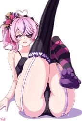 1girls artist_signature ass ass_focus black_panties butt butt_focus doll doll_joints eye_patch feet_up foot_focus hair_ribbon legs_up lingerie looking_at_viewer maria_marionette nijisanji nijisanji_en one_eye_covered one_eye_obstructed purple_eyes purple_hair solo solo_female solo_focus stockings thighhighs thighs virtual_youtuber vlacksr white_background