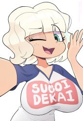 1girls artist_name big_breasts blonde_female blonde_hair breasts eyebrows_visible_through_hair eyes_visible_through_hair female female_only freckles freckles_on_face green_eyes jackie_lynn_thomas ohiekhe selfie shirt solo star_vs_the_forces_of_evil sugoi_dekai taking_picture white_background white_shirt winking winking_at_viewer