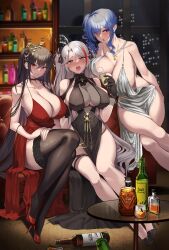 2022 3girls absurd_res ahoge alcohol azur_lane black_dress black_hair blue_hair blush choker cleavage_dress dress elegant_dress female female_only hair_ornament heels hi_res hips indoors kirome_(kamipaper) long_hair looking_at_viewer naughty_face necklace no_bra prinz_eugen_(azur_lane) prinz_eugen_(cordial_cornflower)_(azur_lane) red_dress side_ponytail silver_dress slim_waist smile st._louis_(azur_lane) st._louis_(luxurious_wheels)_(azur_lane) stockings suggestive_look taihou_(azur_lane) taihou_(forbidden_feast)_(azur_lane) thick_thighs thighhighs thighs twintails very_long_hair white_hair wide_hips