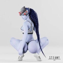 1girls 3d amelie_lacroix anaconda_(song) anaconda_pose big_ass big_breasts blizzard_entertainment female female_only overwatch panties parody purple_hair purple_skin simple_background solo sports_bra squatting steamy3d tattoo thick_thighs underboob widowmaker yellow_eyes