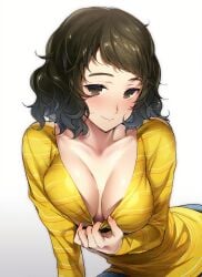 1girls black_hair blush breasts brown_eyes cleavage cleavage_pull clothes_pull eyebrows female gradient gradient_background happy high_resolution highres hizuki_akira long_sleeves looking_at_viewer messy_hair no_bra persona persona_5 pulled_by_self sadayo_kawakami shiny_skin shirt shirt_pull short_hair smile smiling smiling_at_viewer solo striped striped_shirt teasing