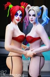 2girls 3d batman_(series) big_ass big_breasts bra clown clown_girl clussy dc dc_comics female female_only fortnite fortnite:_battle_royale harley_quinn harley_quinn_(fortnite) leggings light-skinned_female lingerie mrmcpizza panties peekaboo_(fortnite)