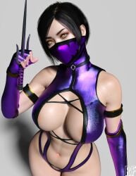 1girls 3d abs absurd_res ada_wong ada_wong_(adriana) big_breasts breasts brown_hair capcom cleavage cosplay crossover_cosplay curvaceous female female_only hi_res large_breasts looking_at_viewer mask mileena mileena_(cosplay) mileena_(mk9) mortal_kombat mortal_kombat_(2011) resident_evil resident_evil_2 resident_evil_2_remake rude_frog sai_(weapon) skimpy skimpy_clothes solo thighs weapon wide_hips yellow_eyes