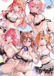 5girls ahoge alternate_costume animal_ears apron ass bangs bare_shoulders bikini black_bikini black_choker black_panties black_skirt blue_eyes blush bow bowtie breasts brown_hair bunny_pose cameltoe cat_ears cat_girl cat_tail choker cleavage closed_mouth cowboy_shot crop_top demon_tail detached_collar enmaided fake_animal_ears flower food frilled_apron frilled_bikini frilled_choker frilled_gloves frilled_skirt frills fruit fujima_takuya gloves go-toubun_no_hanayome hair_between_eyes hair_ornament hair_ribbon hand_up headphones headphones_around_neck holding holding_food holding_fruit kemonomimi_mode large_breasts licking_lips long_hair looking_at_viewer maid maid_apron maid_bikini maid_headdress medium_hair miniskirt multiple_girls nakano_ichika nakano_itsuki nakano_miku nakano_nino nakano_yotsuba navel off-shoulder_bikini off_shoulder open_mouth orange_hair panties parted_lips pink_hair quintuplets rabbit_ears rabbit_girl rabbit_tail red_hair ribbon short_hair side-tie_panties sideboob sisters skirt smile socks standing star_(symbol) star_hair_ornament stomach strawberry swimsuit tail tail_raised thigh_gap thighhighs thighs tongue tongue_out two_side_up underwear waist_apron white_apron white_gloves white_thighhighs wrist_cuffs wrist_ribbon