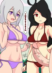 1boy 2girls black_hair david_arts fhs fhsz3r0 fnafhs fnafhs_z3ro fnafhsrule34 mai_(fnafhs) original_character penis purple_eyes red_eyes spanish_text surprised_expression unseen_male_face white_hair