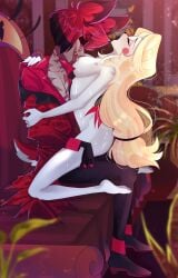 1boy 1girls alastor_(hazbin_hotel) blush breasts charlie_morningstar_(hazbin_hotel) deer hazbin_hotel kyo84472013 licking penis pleasure_face romantic straight_hair sweat sweatdrop tagme woman_on_top