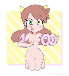 1girls anne_luan artist_name blush_lines brown_hair cheek_spots eyebrows_visible_through_hair female green_eyes naked oc ohiekhe original_character petite yellow_ears yellow_eye