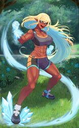 abs buttslayer elf elf_ears female magic muscular shorts sports_bra tagme