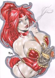 1girls battle_chasers big_breasts breasts bust busty ed_benes_studio fred_benes gun latex_gloves long_hair looking_at_viewer red_eyebrows red_hair red_lipstick red_monika tagme upper_body voluptuous