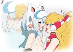 2girls asymmetrical_docking big_breasts ciel_(mega_man) ico_(mega_man) kissing lluanhyperzero mega_man mega_man_x_dive mega_man_zero multiple_girls saliva_trail swimsuit_ico_(x_dive) tagme yuri