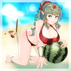 alternate_costume battoart bikini breasts cleavage fire_emblem fire_emblem_awakening fire_emblem_heroes large_breasts melon official_alternate_costume red_bikini red_swimsuit swimsuit tiki_(adult)_(fire_emblem) tiki_(adult)_(summer)_(fire_emblem) tiki_(fire_emblem) watermelon