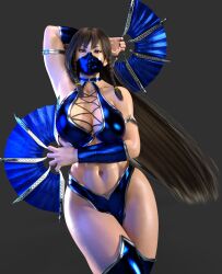 1girls 3d abs alternate_hairstyle big_breasts capcom chun-li cleavage cosplay crossover crossover_cosplay fan female female_only gcb kitana_(cosplay) mask masked_female mortal_kombat pose posing solo street_fighter thick_thighs