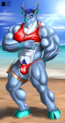 abs absurd_res anthro antlers beach biceps biped blue_body blue_fur blue_hair bulge clothing fur genital_outline green_nose hair hetaniel hi_res hooves horn jewelry looking_at_viewer male muscular muscular_anthro muscular_male muscular_thighs necklace pecs penis_outline sea seaside solo solo_focus standing triceps water whistle white_body white_fur