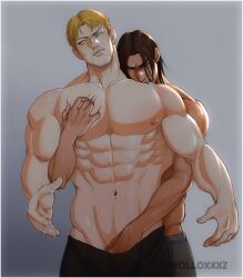 2boys attack_on_titan biting_shoulder blonde_hair blushing bolloxxxz brown_hair crotch_grab eren_jaeger gay male male_only muscles muscular muscular_male pec_grab reaching_into_pants reiner_braun scratching