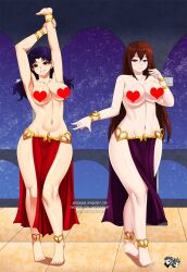 2:3 2:3_ratio 2girls 5_fingers 5_toes alternate_costume anklet arms_up belly_dancer belly_dancer_outfit bracelet brown_eyes brown_eyes_female brown_hair brown_hair_female censored clothing crossover dancer dancer_outfit deviantart female female_only glistening_body glistening_hair glistening_skin harem harem_girl harem_outfit heart_censor jadenkaiba large_breasts loincloth long_brown_hair long_hair_female long_purple_hair looking_at_viewer makise_kurisu misato_katsuragi multiple_girls neon_genesis_evangelion pale-skinned_female pale_skin persian_clothing purple_eyes purple_eyes_female purple_hair purple_hair_female questionable red_loincloth shiny_arms shiny_breasts shiny_legs steins;gate topless waist_length_hair