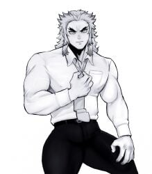 black_and_white bolloxxxz clothed demon_slayer kimetsu_no_yaiba looking_at_viewer male male_only muscles muscular muscular_male rengoku_kyoujurou tie uncolored