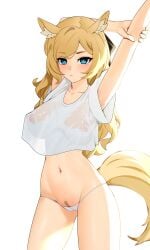 1girls animal_ears arknights belly big_breasts blonde_hair blue_eyes blush breasts emotionless ett female female_only female_pubic_hair hair_down hairy_pussy hand_behind_head hand_up highres light-skinned_female long_hair looking_at_viewer lowleg_panties navel nipples nipples_visible_through_clothing no_bra panties pubic_hair pussy pussy_visible_through_clothes see-through see-through_clothing see-through_panties solo standing stomach stretching t-shirt tail thighs transparent_clothing whislash_(arknights) white_background white_panties