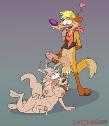 1boy 1futa anthro balls ballsack banditails big_breasts big_penis blonde_hair blush bottomless breasts brown_nipples canid canine cartoony clothed clothing cum cum_drip dangling_testicles digital_media_(artwork) dripping duo erection fluffy_tail foreskin fox foxbtails fur futanari genitals green_eyes grey_eyes hi_res humanoid_genitalia humanoid_penis implants_(disambiguation) intact intersex jacklyn_(character) jacklyn_brown low_hanging_balls macropod male mammal marsupial nickelodeon nipples nude partially_retracted_foreskin penis piercing precum precum_drip rocko's_modern_life scrotum signature simple_background smile testicles trans_woman transfem uncut veiny_penis wallaby