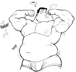1male air_puff backupcardd belly big_chin big_muscles big_pecs black_hair black_white bulge father flexing gut half_body half_naked husband motion_lines musclegut muscular_male nipples onomatopoeia overweight_male relaxed_expression solo_male stocky sweat sweatdrop text text_bubble underwear underwear_only wobbling_belly