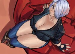 1girls angel_(kof) bed blue_eyes boots chaps cleavage collarbone dairenke_art hair_over_one_eye high_angle king_of_fighters large_breasts leather_jacket looking_at_viewer looking_up sitting sitting_on_bed snk solo thick_thighs white_hair