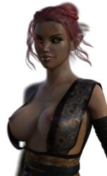 1girls 2019 3d clothed clothing dark-skinned_female dark_skin depth_of_field elf_ears female female_only gazukull green_eyes large_breasts pointy_ears red_hair slushe_(website) solo solo_female transparent_background