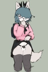 2026 anthro balls black_bottomwear black_chastity_cage black_clothing black_legwear black_nose black_skirt black_thigh_highs blue_hair bottomwear chastity_cage chastity_device clothed clothing clothing_lift covering covering_mouth crossdressing crossdressing_(mtf) crossdressing_male digital_drawing_(artwork) digital_media_(artwork) english_description femboy fur gay genitals green_background hair hair_over_eye hatsumiilkshake heart_symbol hi_res homosexual humanoid_hands inner_ear_fluff legwear looking_at_viewer male male_focus male_only no_underwear pink_top simple_background skirt skirt_lift solo standing stylized_chastity_cage tail tera_(hatsumiilkshake) thigh_highs trans_(lore) trans_woman_(lore) tuft wearing_chastity_cage wearing_chastity_device white_body white_fur white_inner_ear_fluff