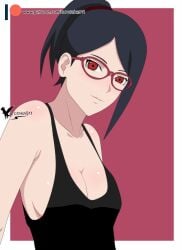 1girls aged_up agung911 alternate_breast_size alternate_eye_color alternate_hairstyle big_breasts black_hair boruto:_naruto_next_generations breasts cleavage eyewear female female_focus female_only glasses looking_at_viewer megane naruto naruto_(series) no_bra ponytail red-framed_glasses red_eyes sarada_uchiha sharingan shirt shounen_jump sleeveless sleeveless_shirt smile solo solo_female solo_focus tank_top tied_hair upper_body