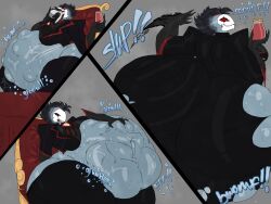 anthro ass ass_expansion ass_slap avian burping clothing digestion female female_prey heavensthroat hellaverse helluva_boss huge_ass hyper hyper_belly hyper_butt male male_focus male_pred onomatopoeia oral_vore outline royalty sequence slap stella_(helluva_boss) stolas_(helluva_boss) stomach_bulge swallowing vore vore_belly weight_gain wine