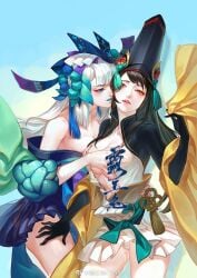 2girls aoandon bare_legs bare_shoulders blue_background blue_lips brown_hair cony_(comicsun) groping hat long_hair long_sleeves looking_at_viewer multiple_girls onmyoji panties teeth underwear wet wet_clothes wet_panties white_hair youtou_hime_(onmyoji) yuri