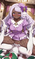ai_generated amazon_position bedroom black_female dark-skinned_female dark_skin dominant_female erureido female female_human/male_pokemon fishnets gallade gloves happy_look hat high_heels jacinthe_(pokemon) long_hair lying_on_back medium_breasts nintendo pantyhose pokemon pokemon_legends:_z-a pokephilia purple_eyes purple_hair purple_high_heels purple_lipstick purple_shoes spread_legs vaginal_penetration vaginal_sex very_dark_skin voluptuous wide_hips yukari_(pokemon)
