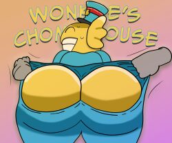 aggressive ass ass_focus big_butt blue_clothing bodily_fluids clothing english_text faceless_character faceless_male hi_res humanoid male mascot nervous non-human non-human_only smile solo sweat tearing_clothing text toony torn_clothing vandoughy wonkee_(fortnite) yellow_body