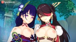 2girls 3d beidou_(genshin_impact) blender blue_hair brown_hair exposed_breasts genshin_impact highres large_breasts looking_at_viewer lunchbox_3d nipples partially_clothed purple_eyes raiden_shogun red_eyes tagme wallpaper