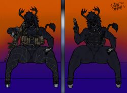 2026 american_mythology anthro black_body black_fur black_hair breasts clothed clothing female fingerless_gloves footwear fur genitals gloves gun hair handgun handwear high_heels indigenous_north_american_mythology mythology north_american_mythology platform_footwear platform_heels ranged_weapon shoes signature sitting sligarthetiger solo spread_legs spreading tail thick_thighs vulva weapon wendigo wide_hips