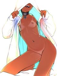 :d absurdres barbell_piercing barefoot bikini_tan black_collar breasts choker collar covered_eyes dark-skinned_female dark_skin female hands_up heart heart_choker highres hood hood_up hooded_jacket jacket kneeling long_sleeves naked_jacket navel navel_piercing nipple_bar nipple_piercing nipples original piercing pudgeruffian riley_fairfeather small_breasts smile solo tan tanlines teeth upper_teeth_only white_jacket