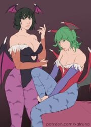 2025 2d 2d_(artwork) 2girls artist_name cleavage clothed clothed_female cosplay crossover_cosplay darkstalkers female female_only fubuki_(one-punch_man) green_eyes green_hair head_wings heroines human human_only kalruna leotard light-skinned_female light_skin lilith_aensland_(cosplay) looking_at_viewer morrigan_aensland_(cosplay) one-punch_man patreon patreon_username questionable short_hair siblings sisters sitting standing tatsumaki wing