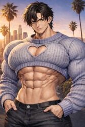 abs_focus aesthetic_mood ai_generated anime_face anime_male anime_style athletic_build background_blur bare_midriff belt_loops biceps black_hair black_jeans bodybuilder bokeh_background broad_shoulders button_fly cable_knit california_vibe calm_expression centered_composition chest_bulge chest_cutout chest_focus chest_window cinematic_lighting city_skyline clean_lineart composition confident_pose confident_smile cropped_sweater cuffed_sleeves dark_brown_hair dark_eyes deep_ab_lines defined_cheekbones defined_pecs deltoids denim_texture depth_of_field detailed_render distant_buildings dramatic_sky dreamy_atmosphere ear_piercing earring eight_pack evening_sky exposed_abs exposed_chest eye_highlights face_high_detail fashion_shoot_cityscape fashionable_outfit forearms glossy_highlights golden_hour grey_eyes hair_strands hair_volume half_body hands_in_pockets handsome_male heart_cutout heart_shaped_cutout high_resolution huge_shoulders hyper_muscular instagram_style intense_gaze jeans knit_sweater large_pectorals layered_hair long_sleeves los_angeles_vibe low_waist_jeans male_model massive_chest messy_hair muscular_definition muscular_male narrow_waist obliques outdoor_scene oversized_sleeves palm_trees pastel_sky physique pink_orange_sky pocket_pose portrait_crop poster_like_composition realism_anime_style relaxed_pose ribbed_knit ripped_abs rooftop_view sculpted_abs semi_realistic serratus_anterior sharp_jawline shoulder_caps silver_earring skyscrapers smirk smooth_render smooth_skin soft_rim_light soft_shading soft_shadows streetwear strong_arms stylized_realism subtle_veins sunset sweater_stretch thick_eyebrows thick_neck three_quarter_view tight_waistband tousled_hair trapezius_muscles triceps upper_body_focus upper_chest_visible urban_fashion v_taper vascular_arms vibe_chill_confident warm_color_grading warm_lighting wide_lats