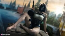 1girls 2022 3d ammo_belt ammo_pouch clothed clothing depth_of_field dutch_angle english_text escape_from_tarkov female female_only forest gun helmet holding_gun holding_object holding_rifle holding_weapon killa_(escape_from_tarkov) large_breasts outdoor outdoors outside panties rule_63 slushe_(website) solo solo_female straps therealzoh wallpaper water zoh