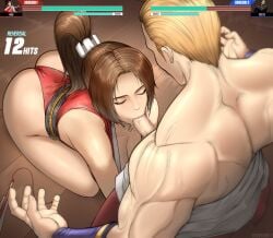 1boy 1girls blowjob blowjob_during_fight closed_eyes clothed clothed_sex clothing combo erodrunky fatal_fury fellatio fighting_game gameplay_mechanics geese_howard health_bar hi_res king_of_fighters king_of_fighters_xv light-skinned_female light-skinned_male mai_shiranui ponytail surprise_deepthroat unseen_male_face