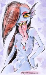 animal_humanoid areola black_eyes blue_body bodily_fluids breasts dripping eyelashes eyeshadow female fish fish_humanoid genitals goatboydraws hair hair_over_eye hand_on_hip horizontal_pupils humanoid lips long_hair long_tongue looking_at_viewer makeup marine marine_humanoid navel nipples nude one_eye_obstructed pattern_background pink_areola pink_lips pink_nipples pink_pussy pink_tongue pupils purple_background pussy red_eyeshadow red_hair saliva saliva_drip sharp_teeth simple_background small_breasts solo teeth thick_thighs tongue tongue_out undertale undertale_(series) undyne white_background wide_hips yellow_sclera