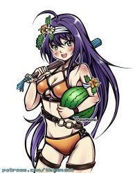 1girls alternate_costume ass_visible_through_thighs bikini breasts cleavage female female_only fire_emblem fire_emblem:_path_of_radiance fire_emblem:_radiant_dawn fire_emblem_heroes flower_head_band green_eyes long_hair looking_at_viewer medium_breasts mia_(fire_emblem) mia_(summer)_(fire_emblem) nintendo octoppoi official_alternate_costume orange_bikini orange_swimsuit purple_hair smile swimsuit thaumana very_long_hair watermelon