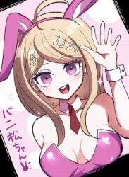 akamatsu_kaede blonde_female blonde_hair breasts bunny_ears danganronpa danganronpa_v3 detached_collar fake_animal_ears female female_only fortissimo happy_female large_breasts leotard long_hair mikao_(eanv5385) musical_note_hair_ornament necktie official_alternate_costume open_mouth pink_eyes pink_leotard straight_hair tie_collar wrist_cuffs