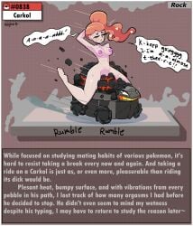 1girls ambiguous_gender arm_behind_back blightstar carkol closed_eyes dialogue english_text ginger grinding hair_ornament hand_behind_head humping looking_at_partner looking_back masturbating_another naked_female no_penetration notes open_mouth pale_skin part_of_a_set pokedex_number pokemon pokemon_(species) pokemon_ss pokephilia researcher riding_on_back rumbling sonia_(pokemon) speech_bubble straddling tagme toroggon vibration