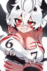 absolute_territory bare_shoulders big_breasts black_hair black_nail_polish black_nails blaire_rune blairevt body_markings brainrot breast_grab breast_lift breasts breasts_bigger_than_head cleavage clothed clothing demon_horns demon_tail demon_wings female grabbing_own_breast grabbing_own_breasts grin heavy_breasts horns huge_breasts indie_virtual_youtuber jean_shorts large_breasts looking_at_viewer meme messy_hair nonbinary pointy_ears red_eyes red_stripes sagging_breasts short_hair shorts skin_fang skindentation smile smug spiked_collar striped_body tail tank_top text_on_clothing thick_thighs thigh_squish virtual_youtuber vtuber white_hair white_shirt wings zettai_ryouiki