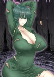 1girls angry angry_face areola_bulge arms_tied arms_up bangs belly belly_button big_breasts blush bob_cut breasts busty cleavage clothed clothing collarbone covered_navel covered_nipples curvaceous curvy curvy_body curvy_female curvy_figure dark_green_hair dress eyelashes female female_focus fringe front_view fubuki_(one-punch_man) green_eyes green_hair heroine highres hips hourglass_figure huge_breasts kudo_atsu large_breasts legs light-skinned_female light_skin lips lipstick looking_at_another medium_hair midriff miniskirt multiple_boys navel nipple_bulge one-punch_man presenting presenting_breasts ripped_clothing ripped_skirt short_hair short_skirt slim slim_waist stomach sweat sweating thick thick_legs thick_thighs thighs thin_waist tied_arms tied_hands tight_clothing tight_dress voluptuous waist whip whip_marks wide_hips