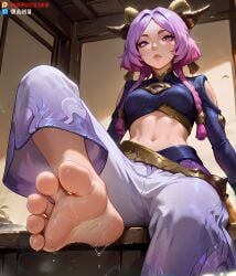 1girls ai_generated artist_name ashikoki barefoot blue_eyes blush breasts closed_mouth collarbone completely_nude erection feet female foot_fetish foot_focus footjob forehead_jewel forehead_mark gradient_hair hair_ornament horns indoors instagram_logo knees_apart_feet_together knees_up large_breasts league_of_legends legs long_hair looking_at_viewer male male_pubic_hair medium_breasts multicolored_hair navel nipples nofuckinggame nude parted_bangs patreon_logo penis precum purple_eyes purple_hair sitting soles solo_focus spread_legs stomach straight sweat toenails toes twitter_logo two-footed_footjob yunara yunara_(league_of_legends)