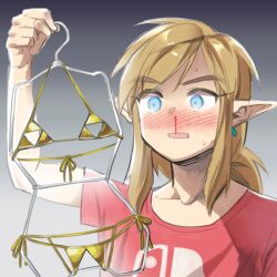 1boy blonde_hair blue_eyes blush breath_of_the_wild crotchless_bikini crotchless_clothes crotchless_swimsuit earring holding_clothes link male_only monbetsu_kuniharu nintendo nippleless_bikini nosebleed ponytail shirt side-tie_bikini the_legend_of_zelda triforce triforce_bikini