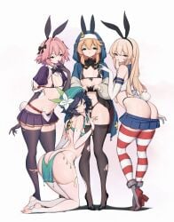 1girls 3boys armwear ass astolfo_(fate) belt big_ass bikini_top black_bikini_top black_hair black_skirt black_thighhighs black_thong blonde_hair blue_eyes blue_highlights blue_skirt bottomwear bracelet bridget bridget_(guilty_gear) bunny_ears bunny_tail clothes_lift collar crossdressing crossover detached_sleeves fake_animal_ears fake_tail fate_(series) feet femboy femboy_only feminine feminine_male feminine_pose fingerless_gloves flower footwear full_body genshin_impact girly gloves green_eyes guilty_gear guilty_gear_strive hair hair_ornament hair_ribbon hat headwear heels high_heels hood jewelry kantai_collection lamsass legwear long_hair nails neckwear on_knees pelvic_curtain pink_eyes pink_hair platform_heels pose posing purple_skirt red_thighhighs revealing_clothes ribbon ripped_thighhighs sailor_collar sailor_uniform shimakaze-kun shimakaze_(kantai_collection) short_hair_with_long_locks short_skirt skimpy skimpy_clothes skirt skirt_down skirt_lift smile striped_thighhighs tagme tail thighhighs thighs thong topwear trans_woman trans_woman_(lore) transfem transgender_woman trap venti_(genshin_impact) white_background white_gloves white_thighhighs yellow_eyes