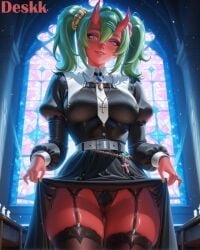 3d ai_generated black_clothing church church_interior clothed_female deskk female fortnite fortnite:_battle_royale green_hair high_resolution highres nemia_(fortnite) nun nun_outfit oni oni_female oni_horns red_skin skirt stockings straight thong upskirt