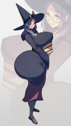 2024 ass ass_bigger_than_head big_ass big_breasts big_butt blue_hair books boots breasts carrying commission commission_art commissioner_upload dress fat_ass full_body fully_clothed glasses huge_ass little_witch_academia long_hair looking_at_viewer mature_female milf red_eyes round_glasses studio_trigger ursula_callistis witch witch_hat